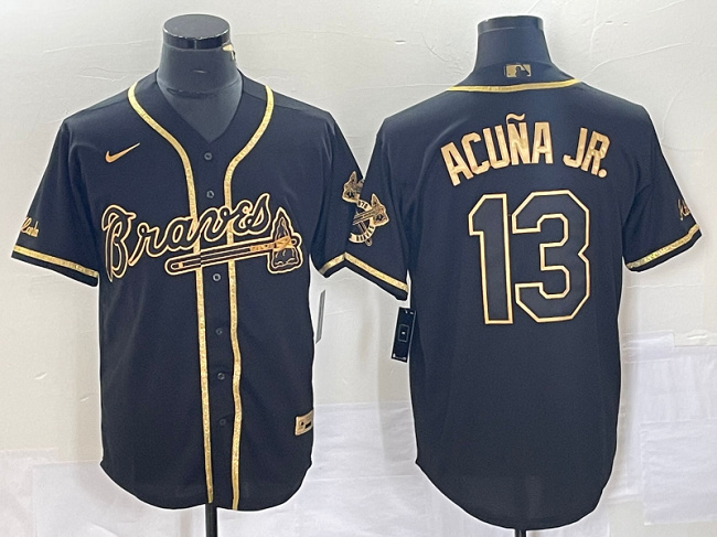 Men's Atlanta Braves #13 Ronald Acuña Jr. Black Gold Cool Base Stitched Baseball Jersey